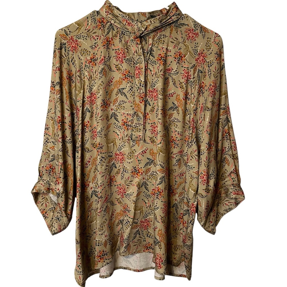 Wit & Wisdom Colorful Floral Animal Deer Squirrel Bird Print Novelty Blouse XL